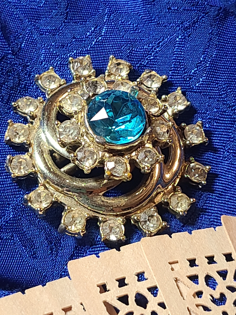 Antique Gold Brooch with Blue Center and Clear Crystals - Women Jewelry